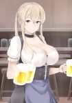  1girl absurdres alcohol beer beer_mug blonde_hair breasts choker cleavage collarbone dirndl german_clothes graf_zeppelin_(kantai_collection) hair_between_eyes highres holding kantai_collection large_breasts long_hair looking_at_viewer maruya1006 short_sleeves sidelocks smile solo twintails violet_eyes 