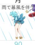  1girl ass blue_hair blue_panties geta juliet_sleeves karakasa_obake long_sleeves panties puffy_sleeves rain shirosato skirt skirt_tug storm striped striped_panties tatara_kogasa touhou umbrella underwear vest wind wind_lift 