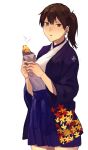  1girl blue_skirt breasts brown_hair cowboy_shot food fukazaki holding holding_food japanese_clothes kaga_(kantai_collection) kantai_collection large_breasts looking_at_viewer short_hair side_ponytail skirt solo sweet_potato 