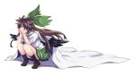  1girl arm_support bare_legs black_legwear black_wings bow brown_footwear brown_hair cape chin_rest feathers full_body green_bow green_skirt hair_bow lefthand long_hair puffy_short_sleeves puffy_sleeves red_eyes reiuji_utsuho shirt shoes short_sleeves simple_background skirt socks solo squatting touhou white_background white_shirt wings 