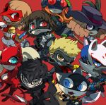  4boys 4girls akechi_gorou black_hair blonde_hair blue_hair bodysuit brown_hair cat chibi fur_trim headphones jacket kitagawa_yuusuke kurusu_akira long_hair looking_at_viewer mask morgana_(persona_5) niijima_makoto okumura_haru orange_hair persona persona_5 red_background red_eyes sakamoto_ryuuji sakura_futaba short_hair smile sword takamaki_anne twintails weapon zipper 