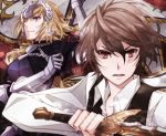  1boy 1girl ao braid breasts brown_hair chains commentary fate/apocrypha fate/grand_order fate_(series) gauntlets long_hair red_eyes ruler_(fate/apocrypha) sieg_(fate/apocrypha) single_braid standard_bearer standing sword very_long_hair violet_eyes weapon 
