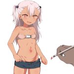  1boy 1girl bandeau bare_shoulders black_panties breasts brown_eyes chloe_von_einzbern collarbone cutoffs dark_skin denim denim_shorts fate/kaleid_liner_prisma_illya fate_(series) groin holding long_hair naughty_face navel open_clothes open_mouth open_shorts paintbrush panties pink_hair short_shorts shorts side-tie_panties small_breasts smile tomo_(ryo_i_so_) twintails two_side_up unbuttoned underwear 