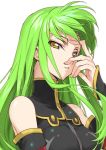  1girl bangs bare_shoulders black_dress breasts c.c. code_geass commentary_request creayus dress eyebrows_visible_through_hair green_hair hand_over_face long_hair looking_at_viewer medium_breasts parted_lips simple_background solo turtleneck white_background yellow_eyes 
