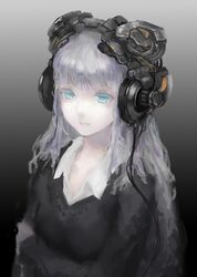  1girl bangs black_dress blue_eyes closed_mouth collared_shirt denki dress expressionless gradient gradient_background grey_background grey_hair headphones long_hair long_sleeves original shirt solo upper_body white_shirt 