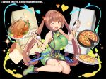  1girl :d bangs bare_shoulders bell bell_collar black_background blush bracelet bread breasts brown_hair collar dress eyebrows_visible_through_hair food food_request green_dress green_footwear hair_intakes hands_up holding holding_food jewelry kai-ri-sei_million_arthur large_breasts long_hair looking_at_viewer official_art one_eye_closed onigiri open_mouth orange_eyes pizza plate pop_kyun shoes sitting sleeveless sleeveless_dress smile solo twintails very_long_hair 