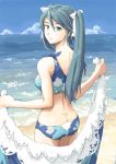 1girl ass beach bikini blue_bikini blue_eyes blue_hair breasts butt_crack closed_mouth day dimples_of_venus floral_print from_behind graphite_(medium) hair_tie holding_towel isuzu_(kantai_collection) kantai_collection long_hair looking_at_viewer looking_back medium_breasts outdoors smile solo standing swimsuit traditional_media twintails upper_body vent_arbre waves 