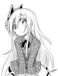  1girl bangs blush_stickers closed_mouth eyebrows_visible_through_hair fox_mask greyscale hata_no_kokoro long_hair long_sleeves looking_at_viewer mask monochrome plaid plaid_shirt shirt taurine_8000mg touhou twitter_username 