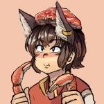  1girl animal_ears bangs black_eyes blush bright_pupils brown_hair cat_ears chanta_(ayatakaoisii) chen closed_mouth crab_claw crab_on_head dress earrings eating food holding holding_food jewelry pink_background red_dress short_hair simple_background smile solo touhou 