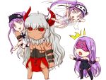  1boy 3girls asterios_(fate/grand_order) black_bow black_ribbon black_sclera blindfold blush boots bow chibi commentary_request dress euryale facial_mark fang fate/grand_order fate_(series) forehead_mark hairband happa16 jumping lolita_hairband long_hair looking_at_another multiple_girls no_nose on_shoulder open_mouth purple_hair red_eyes ribbon rider scar shirtless siblings sisters stheno strapless strapless_dress sweatdrop thigh-highs thigh_boots triangle_mouth twintails very_long_hair white_background white_hair white_ribbon 