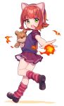  1girl animal_ears annie_hastur bangs blunt_bangs child fake_animal_ears fire full_body green_eyes holding kneehighs league_of_legends leg_up looking_at_viewer miniskirt open_mouth pleated_skirt purple_skirt red_legwear redhead shoes short_hair short_sleeves simple_background skirt smile socks solo striped striped_legwear stuffed_toy tibbers uso_(ameuzaki) vest white_background 