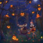  2girls blonde_hair drill_hair elise_(fire_emblem_if) european_clothes fire_emblem fire_emblem_if halloween halloween_costume jack-o&#039;-lantern multiple_girls night outdoors pink_hair pumpkin sakura_(fire_emblem_if) simple_background smile 