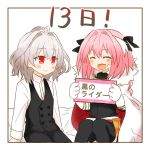  2boys :d bad_id bad_pixiv_id black_legwear blush cape closed_eyes commentary fang fate/apocrypha fate/grand_order fate_(series) flower gloves hair_ribbon hug kaipen male_focus multicolored_hair multiple_boys open_mouth pants pink_hair red_eyes ribbon rider_of_black shirt short_hair sieg_(fate/apocrypha) silver_hair smile thigh-highs translated two-tone_hair waistcoat white_background white_cape 