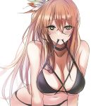  1girl bikini black_bikini blush breasts brown_hair cleavage closed_mouth girls_frontline green_eyes hair_between_eyes highres large_breasts leaning_forward long_hair looking_at_viewer m1903_springfield_(girls_frontline) mouth_hold smile snowru solo swimsuit upper_body 