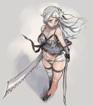  1girl bandage bandaged_leg bandaged_neck black_gloves breasts cleavage dual_wielding flower full_body gloves hair_flower hair_ornament highres holding holding_weapon kaine_(nier) large_breasts lingerie looking_to_the_side navel negligee nier nier_(series) norasuko revealing_clothes saw_cleaver silver_hair solo sword underwear vambraces weapon yellow_eyes 