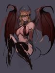  1girl absurdres bangs bare_shoulders blonde_hair breasts bright_pupils cropped_legs demon_girl demon_horns demon_wings detached_sleeves grey_background highres horns large_breasts long_hair looking_at_viewer matilda_vin orange_pupils original parted_lips pink_lips pointy_ears sketch smile solo thigh-highs wings 