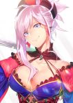  asymmetrical_hair bangs bare_shoulders blue_eyes breasts choker collarbone earrings fate/grand_order fate_(series) hair_ornament highres jewelry large_breasts magatama miyamoto_musashi_(fate/grand_order) pink_hair ryokucha_(i_cobalt) smile 