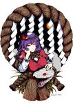  1girl akainan breasts closed_mouth hair_ornament half-closed_eyes highres large_breasts leaf_hair_ornament mirror puffy_short_sleeves puffy_sleeves purple_hair red_eyes rope shide shimenawa short_sleeves simple_background smile snake solo touhou twitter_username upper_body white_background white_snake yasaka_kanako 
