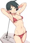  1girl armpits arms_behind_head arms_up bikini black_eyes black_hair breasts commentary_request cowboy_shot eyebrows_visible_through_hair highres kantai_collection kumadano legs_together looking_at_viewer mogami_(kantai_collection) navel no_pupils open_mouth red_bikini short_hair simple_background small_breasts smile solo standing sweat sweatdrop swimsuit white_background 