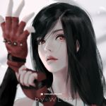  1girl adjusting_clothes adjusting_gloves bangs black_hair blurry depth_of_field final_fantasy final_fantasy_vii fingerless_gloves gloves grey_background highres lips parted_lips realistic red_eyes red_gloves solo swept_bangs tifa_lockhart twitter_username upper_body watermark web_address wlop 