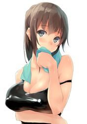  1girl bangs black_swimsuit blue_eyes blush breasts brown_hair eyebrows_visible_through_hair kekemotsu large_breasts looking_at_viewer one-piece_swimsuit original ponytail sidelocks simple_background solo strap_slip swimsuit towel towel_around_neck white_background 