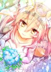  1girl absurdres animal_ears bouquet breasts bridal_veil bride cleavage collarbone dress fate/extra fate_(series) flower fox_ears gloves highres long_hair looking_at_viewer looking_up medium_breasts pink_hair solo tamamo_(fate)_(all) tamamo_no_mae_(fate) tears tiara veil wedding wedding_dress white_dress wisespeak yellow_eyes 