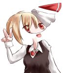  1girl blonde_hair commentary_request hair_ribbon kabi_killer long_sleeves looking_at_viewer red_eyes red_ribbon ribbon rumia simple_background smile solo touhou upper_body v vest white_background wing_collar 