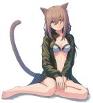  1girl amekaze_yukinatsu animal_ears barefoot bikini blue_bikini blush brown_hair cat_ears cat_tail green_eyes hair_over_face hands_together head_tilt highres jacket looking_at_viewer navel original signature simple_background sitting smile swimsuit tail 