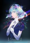  androgynous artist_name atdan bangs blue_eyes blue_hair character_name diamond_(houseki_no_kuni) elbow_gloves eyebrows_visible_through_hair gloves hair_between_eyes highres houseki_no_kuni looking_at_viewer multicolored_hair necktie puffy_short_sleeves puffy_sleeves shiny shiny_hair shirt short_hair short_sleeves signature sky smile solo sparkle star_(sky) starry_sky tareme thick_eyebrows upper_body white_gloves white_shirt 