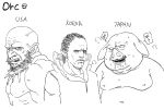  3boys animal_ears artist_request bald beard blank_eyes character_name comparison drooling earrings english facial_hair fangs fat frown greyscale hairlocs heavy_breathing high_collar jewelry lips looking_at_viewer male_focus monochrome multiple_boys muscle orc pig_ears pig_snout pointy_ears saliva simple_background source_request veins white_background 