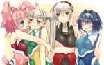  4girls :d ;d alternate_skin_color animal_ears asymmetrical_docking bangs bare_arms bare_shoulders black_bodysuit blue_bodysuit blue_eyes blue_hair blush bodysuit breast_press breasts bunny_tail clenched_teeth closed_eyes closed_mouth covered_navel crossed_arms cyborg dominia_yizkor eyebrows eyebrows_visible_through_hair eyelashes eyes_visible_through_hair facing_another facing_viewer fingernails floppy_ears frown gem green_bodysuit green_eyes grey_hairband hair_between_eyes hair_intakes hairband heart highres himegi_you hug kelvena_(xenogears) lips long_hair looking_at_another medium_breasts multiple_girls one_eye_closed open_mouth outline pink_lips pointy_ears rabbit_ears red_bodysuit red_hairband screw seraphita_(xenogears) shiny shiny_clothes short_hair silver_hair sleeveless small_breasts smile star sweat tail teeth tolone_(xenogears) tongue turtleneck twintails upper_body white_background white_hair white_outline xenogears 