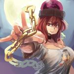  1girl \m/ bangs bare_shoulders breasts bright_pupils chains chanta_(ayatakaoisii) cleavage copyright_request eyebrows_visible_through_hair full_moon grey_shirt hair_between_eyes hat hecatia_lapislazuli large_breasts long_hair moon night off_shoulder pointing pointing_at_viewer red_eyes redhead shirt smile solo touhou upper_body 