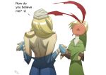  1boy 1girl absurdres back bandage bare_shoulders blonde_hair blood english from_behind highres link long_hair nosebleed pointy_ears sheik the_legend_of_zelda the_legend_of_zelda:_ocarina_of_time undressing white_background 