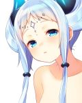  1girl bangs blue_eyes blue_hair blush collarbone copyright_request eyebrows_visible_through_hair facial_mark half-closed_eyes horns long_hair looking_at_viewer nude shouni_(sato3) sidelocks simple_background solo tareme white_background 
