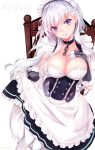  1girl artist_name azur_lane bangs belfast_(azur_lane) black_gloves blue_eyes breasts character_name cleavage collar corset dress eyebrows_visible_through_hair frills gauntlets gloves half_updo hand_on_own_chest haruka_natsuki head_tilt large_breasts long_hair looking_at_viewer maid_headdress open_mouth signature silver_hair skirt skirt_hold sleeveless solo white_skirt 