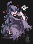 1girl @_@ ahoge al_bhed_eyes bags_under_eyes black_background blush breasts dress gashi-gashi ghost hairband heart hex_maniac_(pokemon) large_breasts long_hair looking_at_viewer messy_hair nail_polish no_shoes npc open_mouth pantyhose poke_ball pokemon pokemon_(game) pokemon_xy purple_hair simple_background smile solo sweat sweater violet_eyes 