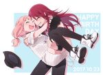  2girls bang_dream! bare_shoulders carrying closed_eyes dress grin happy_birthday hat hat_removed headwear_removed jewelry multiple_girls necklace open_mouth pink_hair princess_carry re_ghotion redhead shoulder_cutout smile sweater sweater_dress thigh-highs udagawa_tomoe uehara_himari 