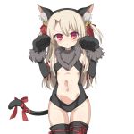  1girl animal_ears arms_up bell black_legwear black_leotard breasts brown_hair cat_ears cat_tail center_opening detached_sleeves fake_animal_ears fate/kaleid_liner_prisma_illya fate_(series) gloves hair_ornament hairband illyasviel_von_einzbern jingle_bell leotard long_hair navel paw_gloves paw_pose paws red_eyes ribbon small_breasts solo tail thigh-highs thigh_gap twintails two_side_up 
