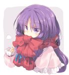  1girl bangs blue_ribbon breath capelet commentary_request covered_mouth eyebrows_visible_through_hair grey_background long_hair patchouli_knowledge purple_hair red_ribbon red_scarf ribbon satou_kibi scarf solo touhou two-tone_background upper_body violet_eyes white_background 