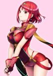  1girl arched_back arm_guards blush breasts brown_eyes closed_mouth covered_navel cowboy_shot earrings fingerless_gloves gloves hairband pyra_(xenoblade) impossible_clothes jewelry large_breasts leaning_forward looking_at_viewer midriff own_hands_together pink_background red_eyes red_gloves red_shorts shiny shiny_hair short_hair short_shorts short_sleeves shorts sidelocks simple_background skindentation smile solo standing tanaka_shoutarou tareme thighs xenoblade_2 