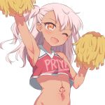 1girl arm_up armpits bottomless brown_eyes cheerleader chloe_von_einzbern crop_top dark_skin fate/kaleid_liner_prisma_illya fate_(series) long_hair navel no_panties one_eye_closed open_mouth out-of-frame_censoring pink_hair pom_poms shirt side_ponytail sleeveless sleeveless_shirt smile solo upper_body