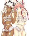  2girls :d alternate_costume bangs bare_shoulders belt belt_buckle black_belt blue_eyes blush bow breasts bridal_veil buckle cleavage closed_mouth collarbone colored_eyelashes cowboy_shot dark_skin elphelt_valentine eyebrows eyebrows_visible_through_hair eyelashes eyes_visible_through_hair facing_away fingernails frills garter_belt garter_straps grey_hairband groin guilty_gear guilty_gear_xrd hair_between_eyes hairband hand_holding hat hat_belt highres himegi_you interlocked_fingers jitome lips long_hair looking_at_viewer medium_breasts midriff multiple_girls navel no_pussy o-ring o-ring_legwear open_mouth palms pink_hair pink_lips ramlethal_valentine ribs shiny shiny_skin short_hair siblings sidelocks sisters skindentation small_breasts smile spiked_hairband spikes standing stomach symmetry tareme thigh-highs under_boob v veil white_belt white_bow white_hair white_hat white_legwear yellow_eyes 