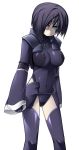  1girl black_hair blue_eyes covered_navel erect_nipples expressionless eyes_visible_through_hair gloves hunched_over impossible_clothes katami_shinta looking_at_viewer original pale_skin short_hair skin_tight thigh-highs wide_sleeves 