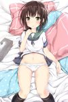  1girl bed bed_sheet black_hair black_legwear copyright_request fubuki_(kantai_collection) gluteal_fold green_hair heart heart-shaped_pupils highres kantai_collection kneehighs looking_at_viewer lying navel panties parted_lips pikacchi pillow solo symbol-shaped_pupils tissue tissue_box underwear white_panties 