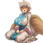  1girl animal_ears blonde_hair blush breasts bright_pupils chanta_(ayatakaoisii) d: dress eyebrows_visible_through_hair fox_ears fox_tail full_body hands_on_lap hat huge_breasts long_sleeves multiple_tails open_mouth pillow_hat seiza simple_background sitting socks solo sweat tabard tail touhou white_background white_dress white_hat white_legwear yakumo_ran yellow_eyes 