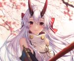  1girl arm_guards armor artist_name bangs bare_shoulders blurry blush bow breasts cherry_blossoms closed_mouth depth_of_field detached_sleeves fate/grand_order fate_(series) hair_bow hair_ribbon headband horns large_breasts lips long_hair looking_at_viewer oni_horns red_bow red_eyes ribbon rosuuri sideboob sleeveless sleeveless_turtleneck smile solo sword tomoe_gozen_(fate/grand_order) tree turtleneck upper_body weapon white_hair 