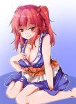  1girl bare_arms bare_shoulders blush breasts cleavage closed_mouth collarbone hair_bobbles hair_ornament highres large_breasts long_hair looking_at_viewer onozuka_komachi oshiaki red_eyes redhead sitting sleeveless smile solo touhou two_side_up wariza 