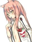  1girl animal_ears bangs blazblue blush breasts cat_ears coat cocktail_glass cup drinking_glass eyebrows eyebrows_visible_through_hair facial_mark facing_away fingernails food forehead_mark fruit glasses hair_between_eyes hair_down highres himegi_you holding holding_glass holding_spoon kokonoe labcoat leaf long_hair long_sleeves looking_at_viewer midriff naked_coat navel open_clothes open_coat parfait pince-nez pink_hair simple_background sketch small_breasts solo spoon spoon_in_mouth stomach straight_hair strawberry tsurime white_background white_coat wide_sleeves yellow_eyes 