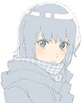  1girl absurdres blue_coat blue_eyes blue_hair blue_scarf close-up closed_mouth coat donguri_suzume highres light_blush looking_at_viewer scarf shiny shiny_hair short_hair simple_background solo white_background winter_clothes 