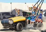  6+girls :d american_flag_dress black_hair blonde_hair blue_bow blue_dress blue_eyes blue_sky bow bowtie car chanta_(ayatakaoisii) cirno closed_mouth clownpiece collared_shirt daiyousei day dress driving dust green_hair ground_vehicle hair_bow hair_ornament hand_up hat hat_bow ice lily_white long_hair looking_at_viewer luna_child motor_vehicle multiple_girls one_side_up open_mouth orange_hair outdoors red_bow red_neckwear sanpaku shirt sitting sketch sky smile standing star_sapphire sunny_milk sweatdrop touhou twintails v white_dress white_footwear white_hat white_shirt wide-eyed wings 